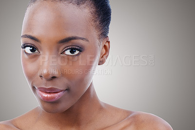 Buy stock photo Skincare, mockup and portrait of black woman in studio with smile, natural makeup or facial. Cosmetics, dermatology and face of happy girl on grey background space for healthy skin, shine or beauty.