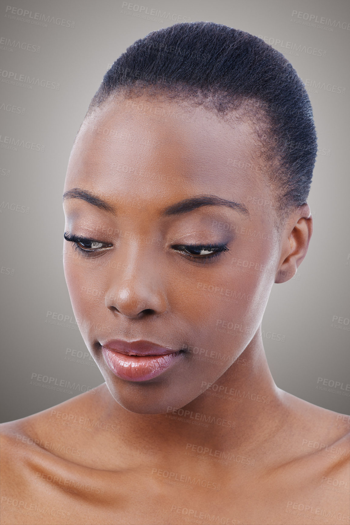 Buy stock photo Face, skincare and aesthetic with natural black woman in studio on gray background for cosmetics or inspiration. Beauty, wellness and makeup with confident young model at spa for skin treatment