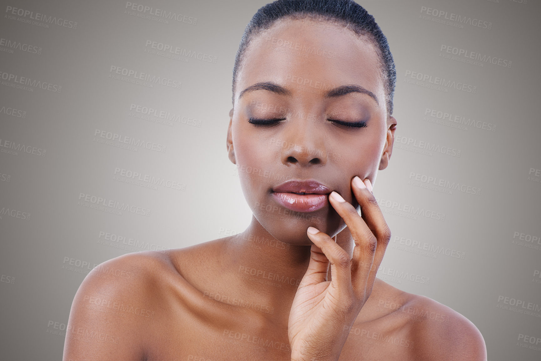 Buy stock photo Woman, skincare and face or cosmetic beauty in studio for dermatology treatment, wellness or grey background. Black person, model and eyes closed with mockup space for health, makeup or Kenya