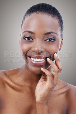 Buy stock photo Portrait of a beautiful african american woman touching her skin