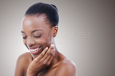 Buy stock photo Beauty, skincare and black woman in mockup, studio  background or confidence in salon. Nails, makeup and model smile with healthy natural glow on skin and hands from cosmetics or dermatology