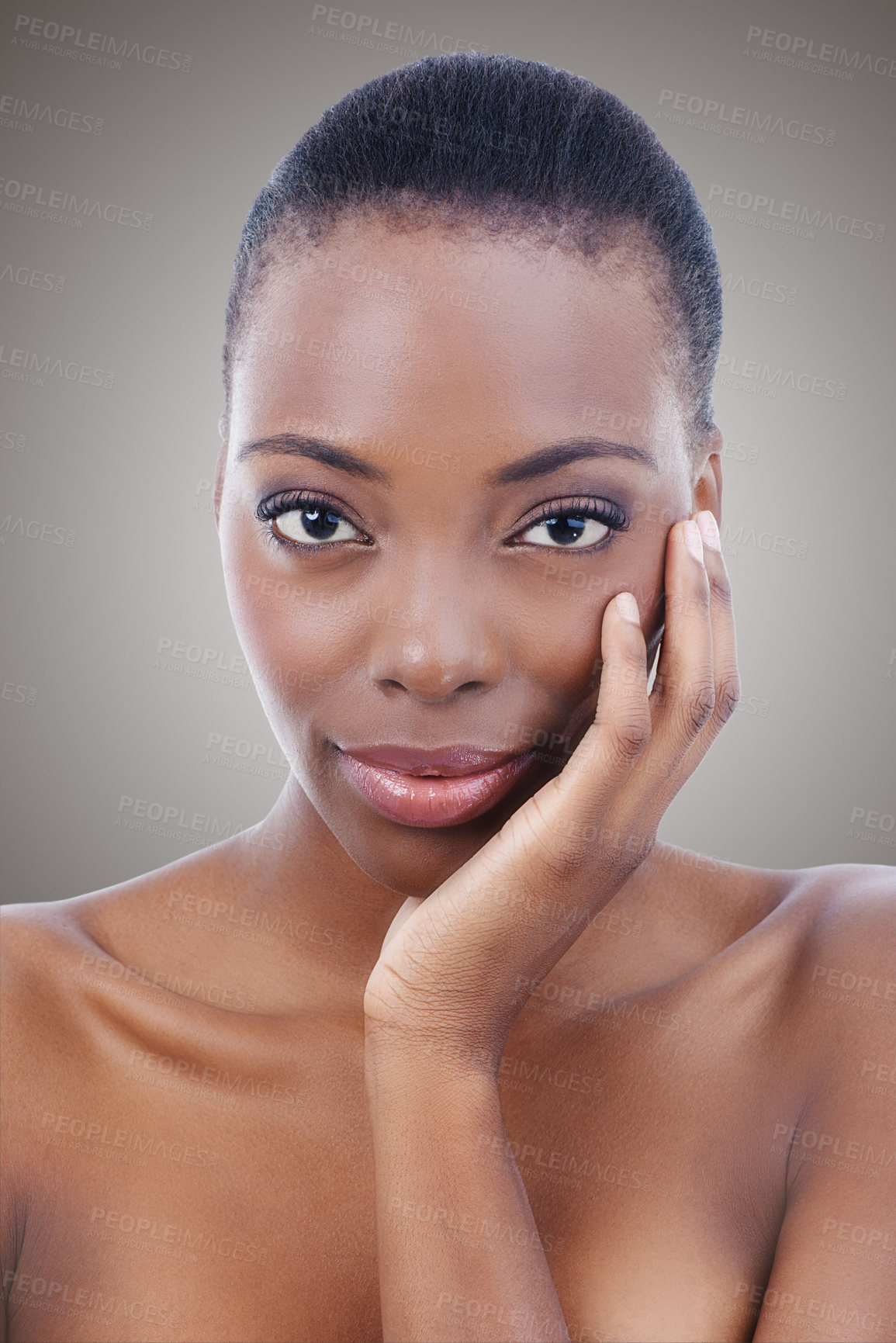 Buy stock photo Beauty, portrait and black woman with skincare and dermatology on studio grey background or salon. African, model and natural makeup with healthy glow on skin from self care, cosmetics or facial