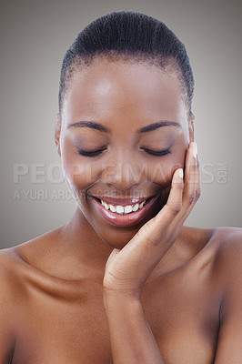 Buy stock photo Happy, black woman and beauty from skincare and dermatology in studio, background or salon. Facial, glow and smile with natural makeup and healthy shine on skin from cosmetics or foundation mockup