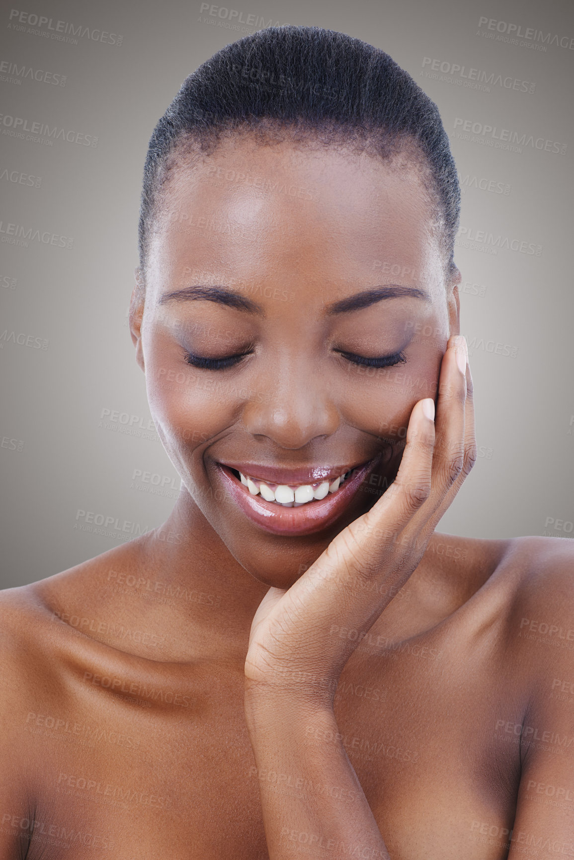 Buy stock photo Happy, black woman and beauty from skincare and dermatology in studio, background or salon. Facial, glow and smile with natural makeup and healthy shine on skin from cosmetics or foundation mockup