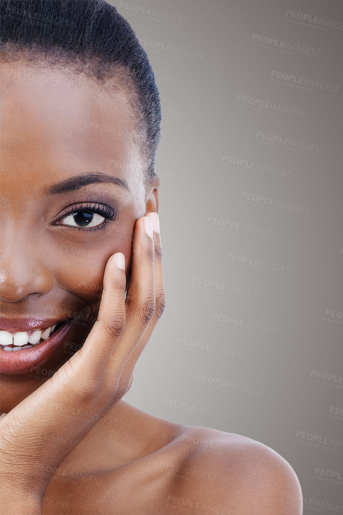 Buy stock photo Half, face and portrait of black woman with beauty, makeup and skincare in salon, background or mockup. Happy, model and natural glow on nails and skin from cosmetics, dermatology and facial