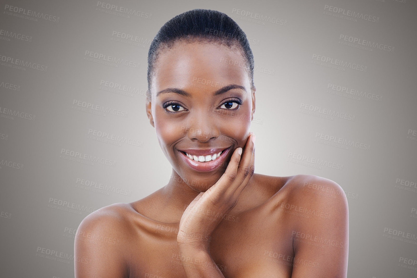 Buy stock photo Beauty, gray background and portrait of black woman for wellness, cosmetics and natural glow in studio. Dermatology, skincare aesthetic and face of person for glamour, luxury spa and facial treatment