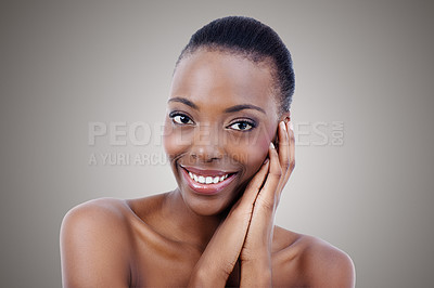Buy stock photo Beauty, skincare and portrait of black woman on gray background for wellness, cosmetics and makeup. Dermatology, spa aesthetic and face of happy person for smile, glow or facial treatment in studio