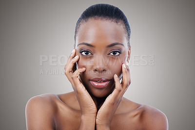Buy stock photo Black woman, skincare and portrait with beauty in studio, gray background or salon for dermatology. Facial, makeup and African model with natural glow on skin, nails and hands from cosmetics