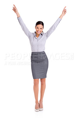 Buy stock photo Businesswoman, portrait and celebration for achievement as professional lawyer for confident job, winning or promotion. Female person, happy and studio or white background for pride, goals or mockup