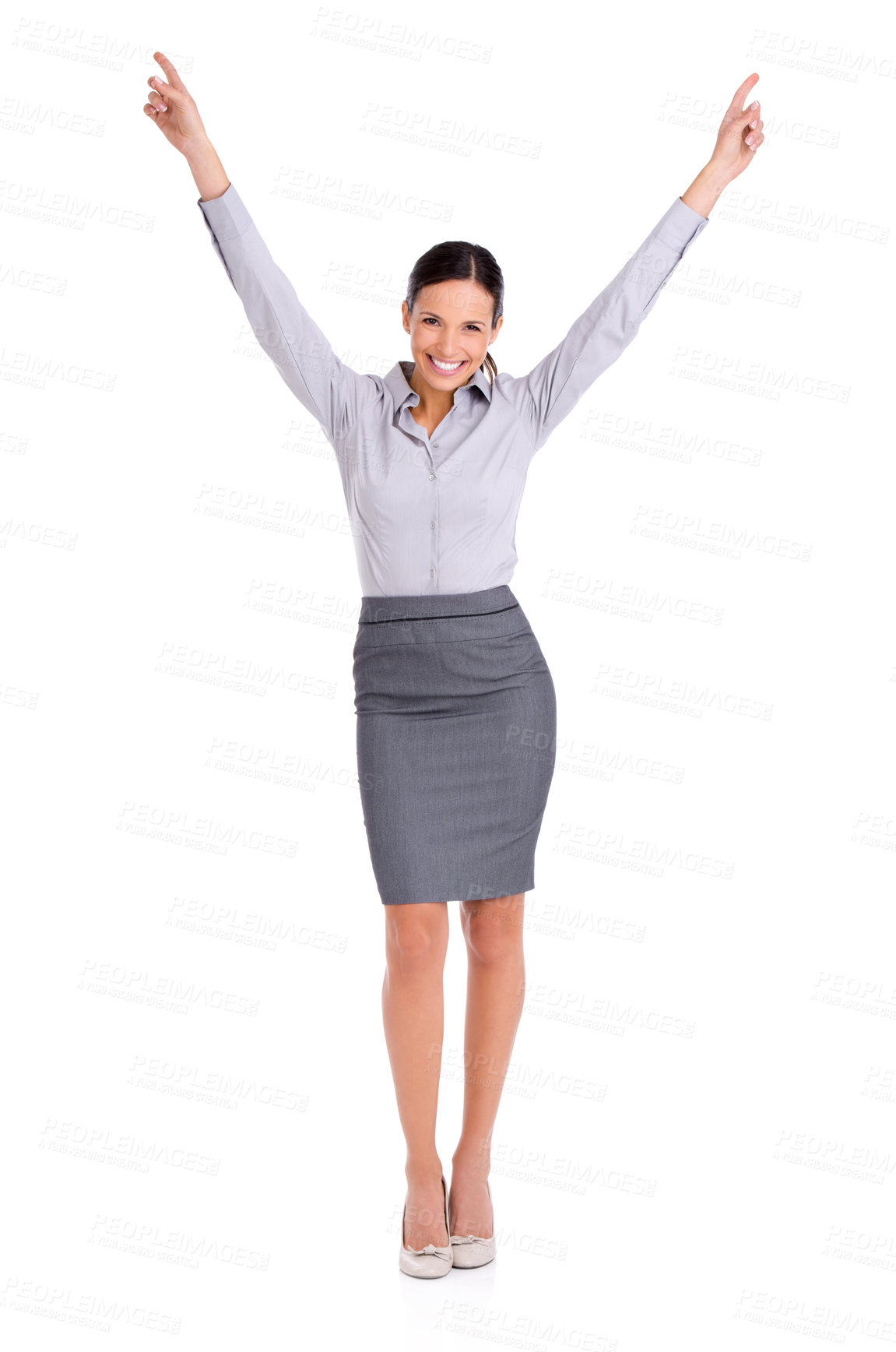 Buy stock photo Businesswoman, portrait and celebration for achievement as professional lawyer for confident job, winning or promotion. Female person, happy and studio or white background for pride, goals or mockup