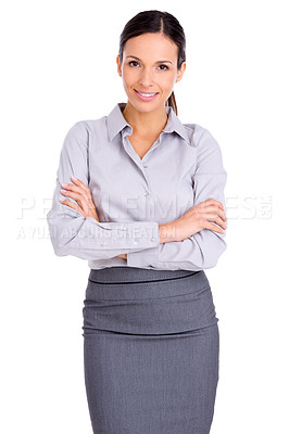 Buy stock photo Businesswoman, portrait and smile with confidence as lawyer or professional, corporate or white background, Female person, face and arms crossed or mockup in studio for Canada, law firm or startup