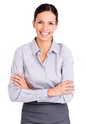 Buy stock photo Businesswoman, portrait and smile with confidence in studio as professional attorney, corporate or white background, Female person, face and arms crossed or mockup for Canada, law firm or startup
