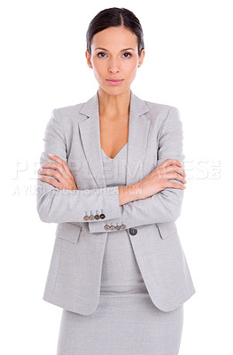 Buy stock photo Portrait, serious and business woman with arms crossed in studio isolated on a white background. Confidence, professional agent or entrepreneur with pride for career, job or employee working in Spain