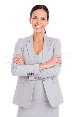 Buy stock photo Portrait, smile and business woman with confidence in studio isolated on a white background. Arms crossed, professional and face of advisor, entrepreneur and employee with pride for career in Spain