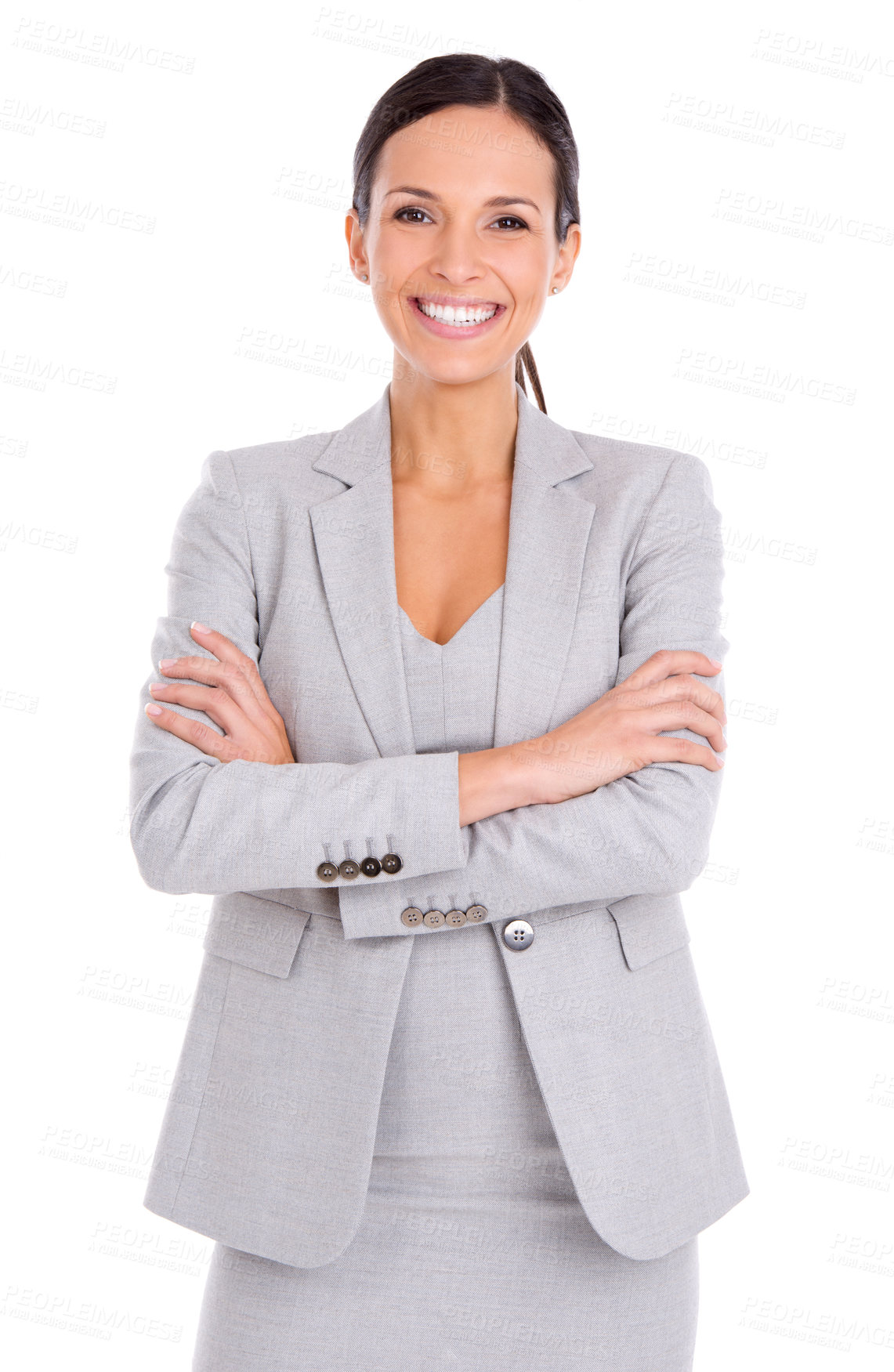 Buy stock photo Portrait, smile and business woman with confidence in studio isolated on a white background. Arms crossed, professional and face of advisor, entrepreneur and employee with pride for career in Spain
