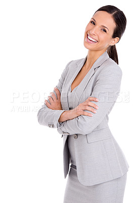 Buy stock photo Portrait, happy and business woman with confidence in studio isolated on a white background. Arms crossed, professional and smile of advisor, entrepreneur and employee laughing with pride in Spain