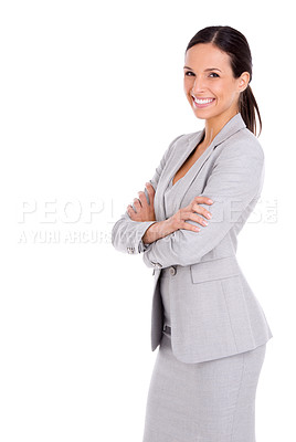 Buy stock photo Portrait, smile and business woman with arms crossed in studio isolated on a white background mockup space. Confidence, professional and happy advisor, entrepreneur and employee with pride in Canada
