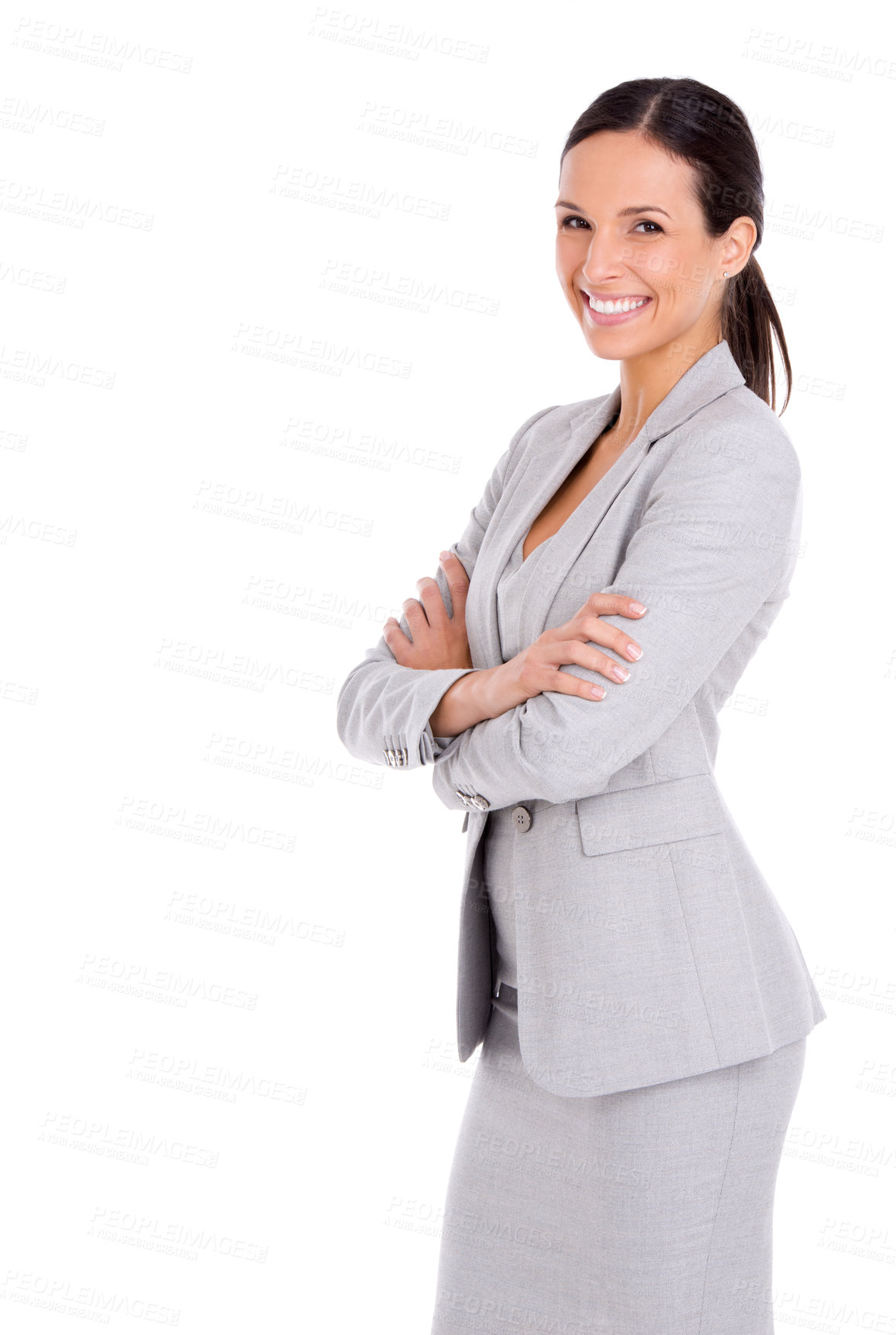 Buy stock photo Portrait, smile and business woman with arms crossed in studio isolated on a white background mockup space. Confidence, professional and happy advisor, entrepreneur and employee with pride in Canada