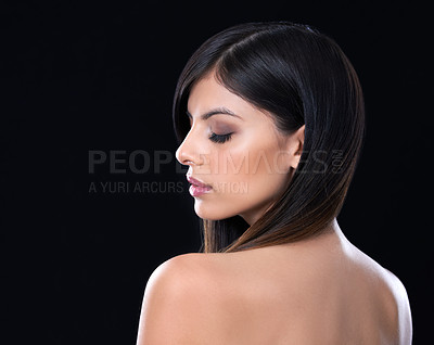 Buy stock photo Beauty, hair care and woman with makeup in studio for health, wellness and salon treatment. Confident, cosmetic and female person with facial and hairstyle routine by black background with mockup.