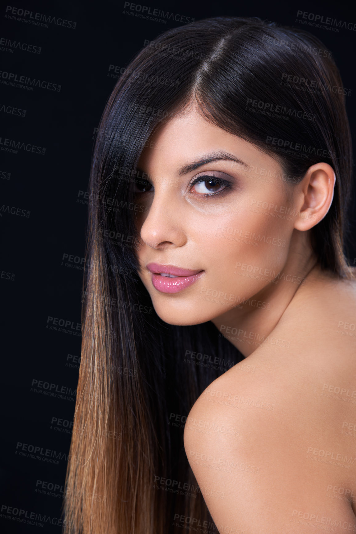 Buy stock photo Hair care, health and portrait of woman in studio with salon, beauty or conditioner treatment. Wellness, confident and female person with long, shiny and cosmetic hairstyle by dark black background.