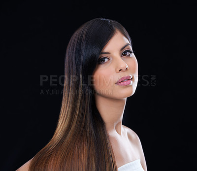 Buy stock photo Hair care, wellness and portrait of woman in studio with salon, healthy or conditioner treatment. Beauty, confident and female person with long, shiny and cosmetic hairstyle by dark black background.