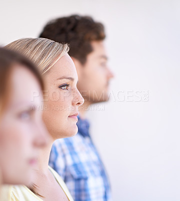 Buy stock photo Office, profile and group of business people in row together for creative job, opportunity or solidarity. Face, man and women in waiting room for recruitment, interview or casual professional career
