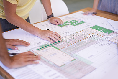 Buy stock photo Architect, hands and team in office with blueprint, planning and project management meeting. Engineering, floor plan and business people together in collaboration for remodeling, upgrade and building