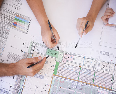 Buy stock photo Architecture, hands and team in office with floor plan, strategy and project management meeting. Engineering, blueprint and people problem solving together in collaboration for remodeling from above