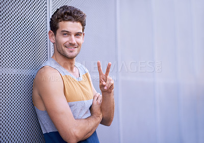 Buy stock photo Smile, fashion and portrait of man with peace sign for style, trendy and hand gesture with confidence. Male person, happy and relax with v fingers for emoji, hipster and symbol with clothes on mockup