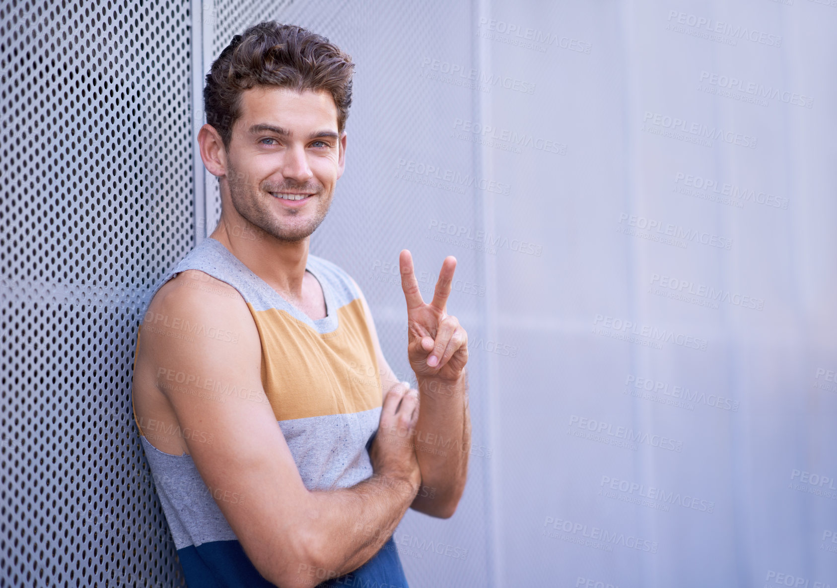 Buy stock photo Smile, fashion and portrait of man with peace sign for style, trendy and hand gesture with confidence. Male person, happy and relax with v fingers for emoji, hipster and symbol with clothes on mockup
