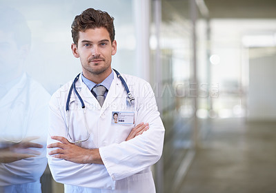Buy stock photo Doctor, man and portrait with arms crossed in hospital with healthcare for wellness, medicine and stethoscope by window. Medical, professional and expert with face for diagnosis, health and service