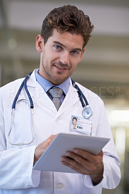 Buy stock photo Smile, tablet and portrait of doctor in hospital for medical research on the internet for diagnosis. Happy, professional and male healthcare worker with telehealth on digital technology in clinic.