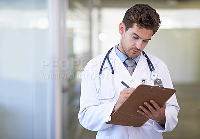 Buy stock photo Writing, clipboard and doctor in hospital for medical research information for diagnosis or treatment. Checklist, professional and male healthcare worker with documents or notes in medicare clinic.