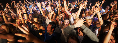 Buy stock photo Music, dance and party with crowd at concert for rock, live band performance or festival. New year, energy and disco with audience of fans listening at celebration for techno, rave or nightclub event