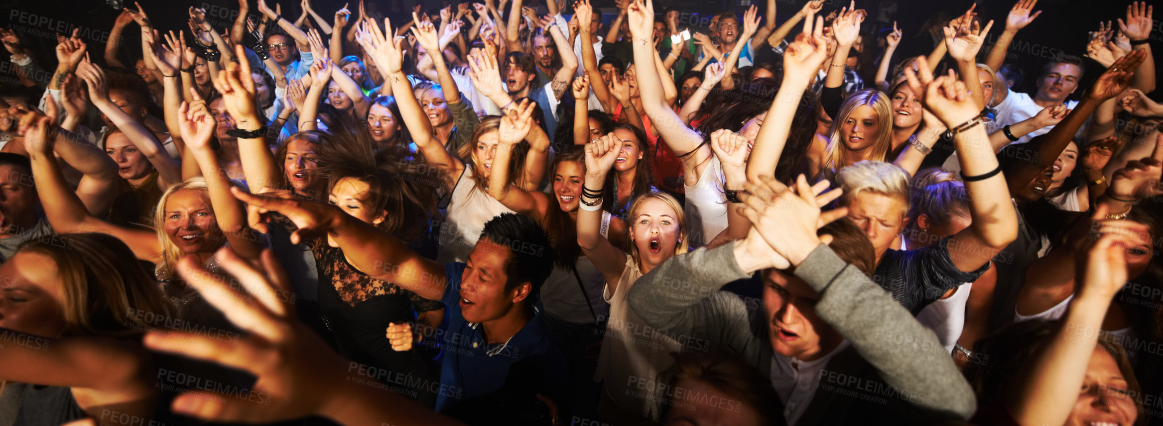 Buy stock photo Music, dance and party with crowd at concert for rock, live band performance or festival. New year, energy and disco with audience of fans listening at celebration for techno, rave or nightclub event