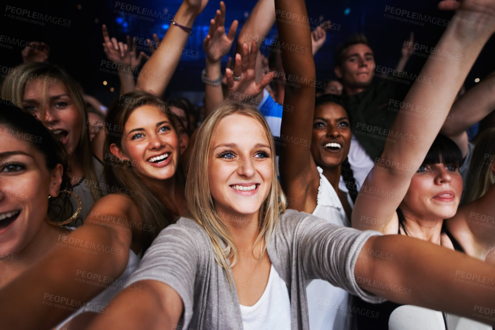 Buy stock photo Attractive female fans enjoying a concert- This concert was created for the sole purpose of this photo shoot, featuring 300 models and 3 live bands. All people in this shoot are model released