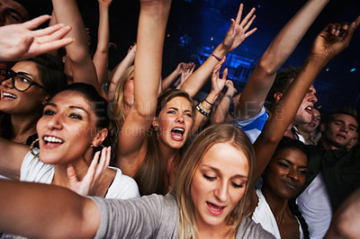Buy stock photo Crowd, concert selfie and music festival with fans having fun, audience cheers for live band performance in Los Angeles. Music, energy and entertainment with excited picture and festival for new year