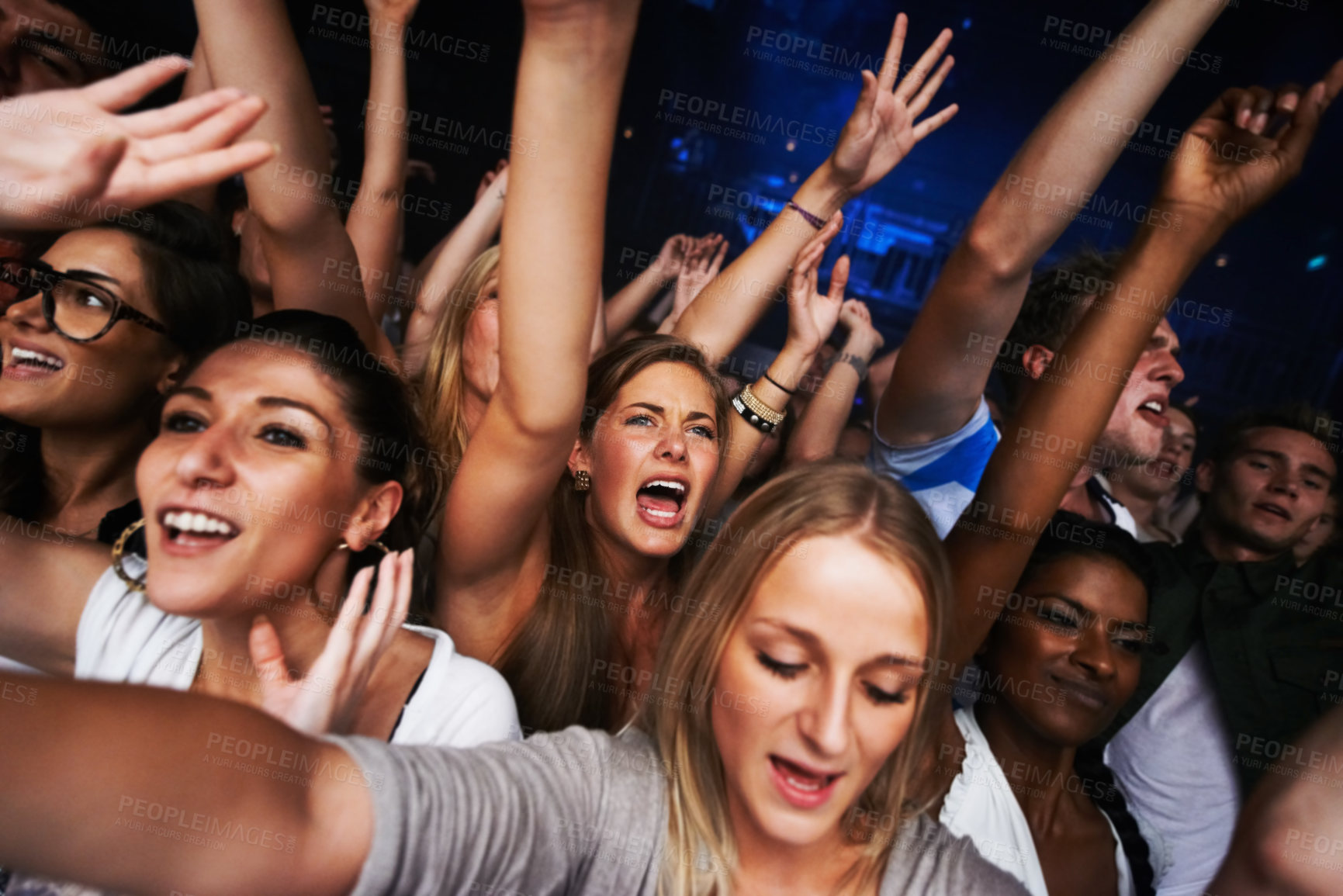 Buy stock photo Crowd, concert selfie and music festival with fans having fun, audience cheers for live band performance in Los Angeles. Music, energy and entertainment with excited picture and festival for new year