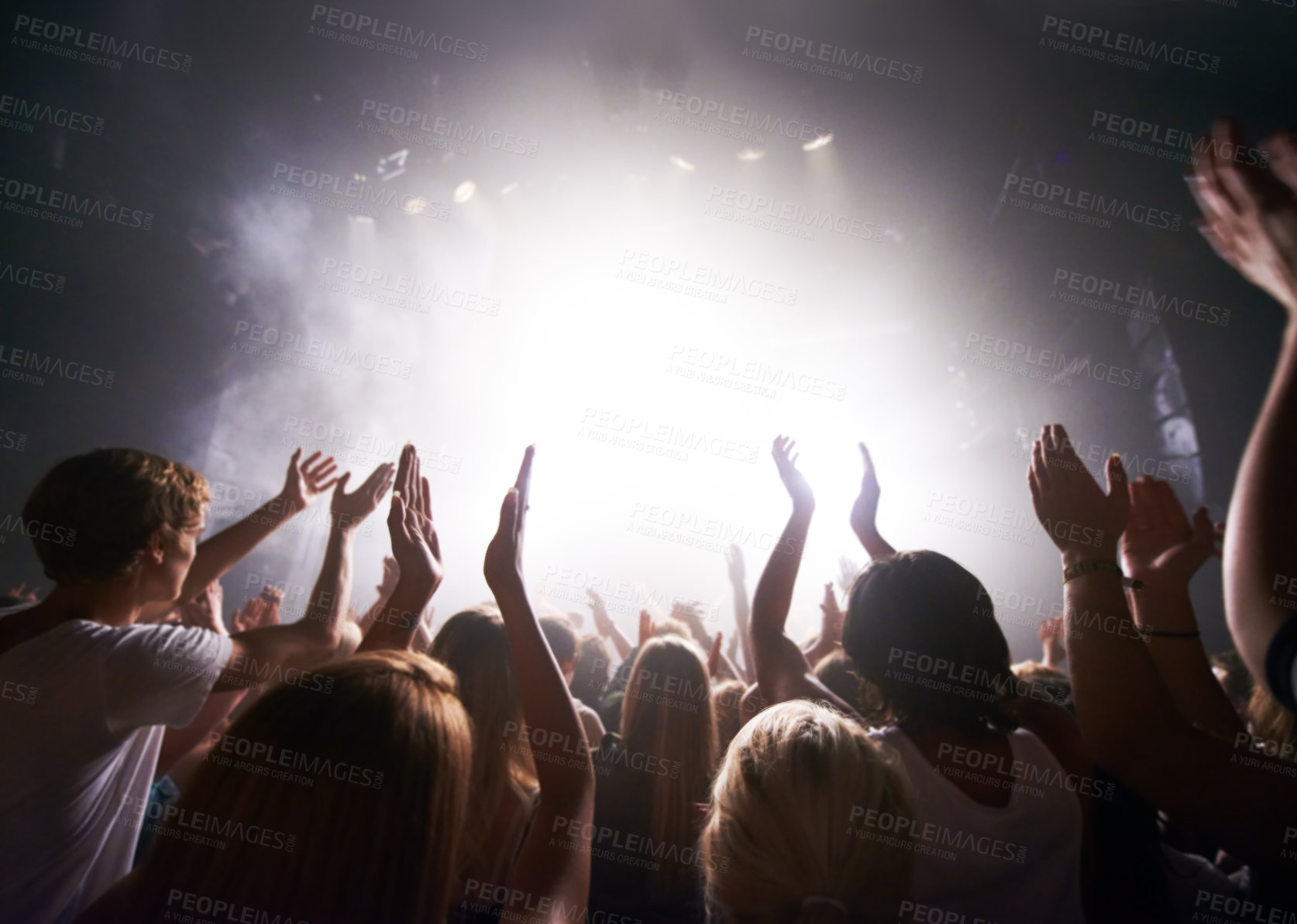 Buy stock photo Concert, live music and people dancing at an event, party or nightclub with energy, freedom and fun. Band, musician or dj entertainment playing at music festival or rave at indoor venue with a crowd.