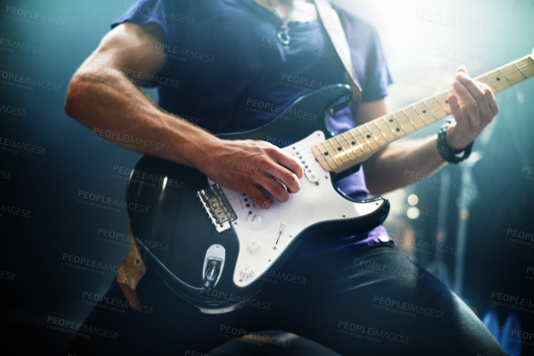 Buy stock photo Guitar, man and performance at night, party and stage concert for punk, rock and heavy metal music festival. Electric guitarist, hands and musician, artist and band at live event, show and nightclub 