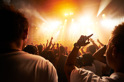 Buy stock photo Rear view of a crowd cheering at a concert - This concept was created for the sole purpose of this photo shoot, featuring 300 models and 3 live bands. All people in this shoot are model released