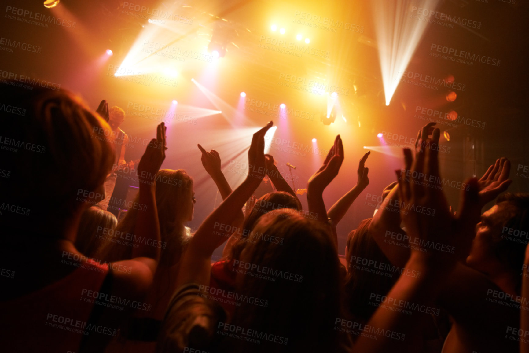 Buy stock photo Music rock festival, concert or performance event with audience, crowd or people hands dancing with fans, youth and friends. Group of people at a techno, disco rave or night party club in celebration