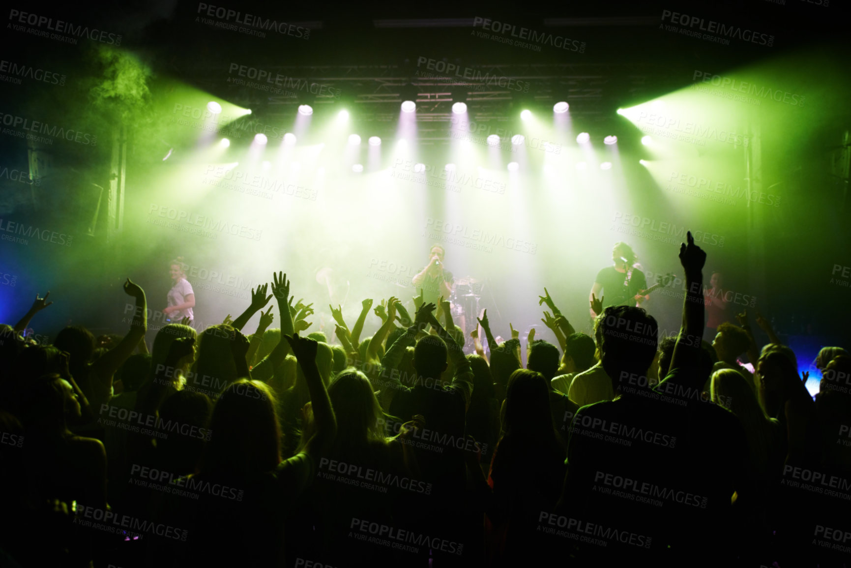 Buy stock photo Rear-view of a cheering crowd at a music concert-This concert was created for the sole purpose of this photo shoot, featuring 300 models and 3 live bands. All people in this shoot are model released