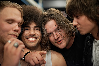 Buy stock photo Friends, drunk and high while smoking weed for punk rock band portrait with group together feeling happy at party, show or concert. Diversity, energy and happy men on music festival tour together