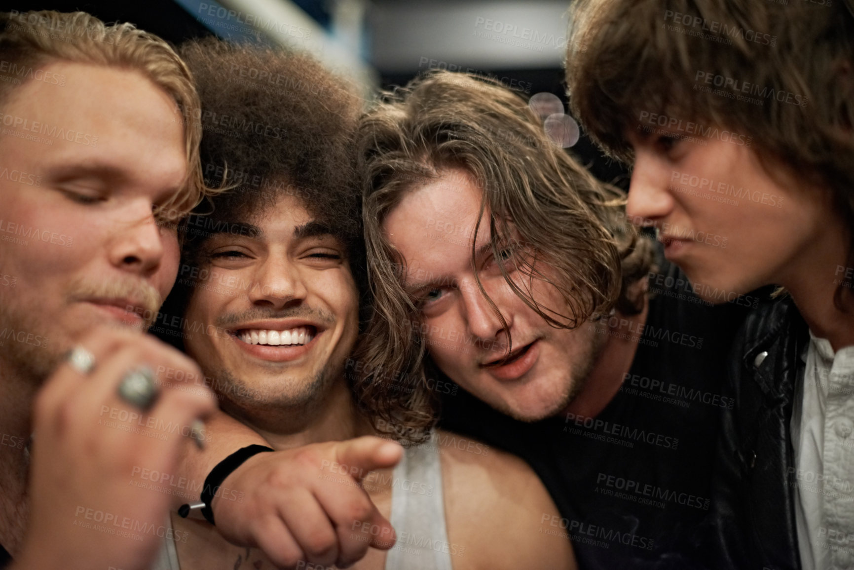 Buy stock photo Friends, drunk and high while smoking weed for punk rock band portrait with group together feeling happy at party, show or concert. Diversity, energy and happy men on music festival tour together