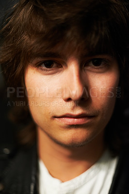 Buy stock photo Closeup portrait, hipster man and beauty with 60s rock aesthetic, dark fashion and retro style. Zoom face, punk headshot and hair for vision, dream and goal with ambition for music career in London