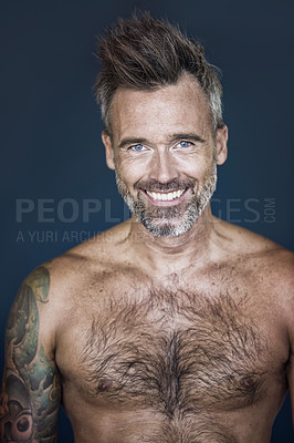 Buy stock photo Sexy, happy and portrait of mature man in studio with confidence, happiness and skincare. Wellness, healthy body and face of senior male person with muscle, exercise and fitness on dark background