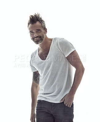 Buy stock photo Fashion, portrait and happy mature man in studio with mockup, space and stylish clothes against white background. Face, smile and confident male model posing in style, fashionable and street wear