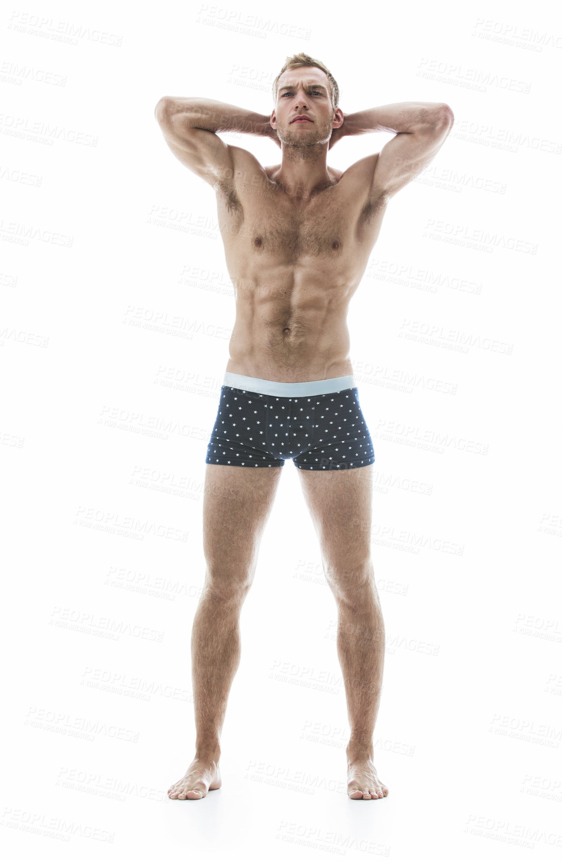 Buy stock photo Health, wellness and man in underwear on a white background for fitness, exercise and workout. Skincare, bodybuilder and natural male person flexing with healthy body, muscles or strong abs in studio