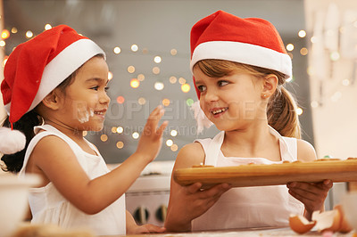Buy stock photo Children, christmas and baking cookies together for holiday celebration, festive and happy interracial friends. Diversity, friendship and kids smile or young baker for vacation happiness in kitchen